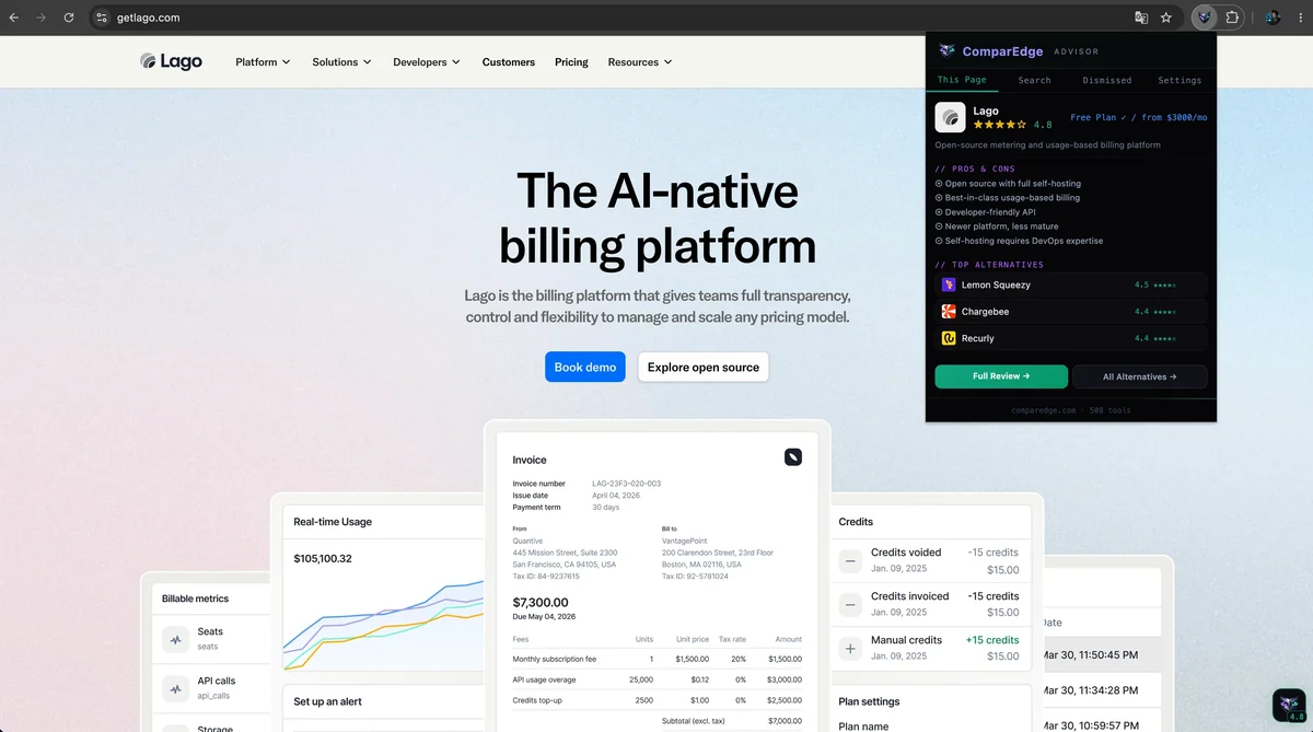 ComparEdge Advisor showing product data on a SaaS website